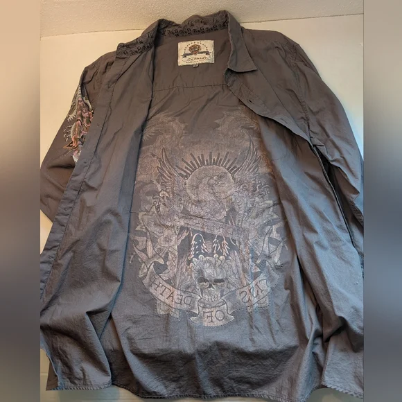 Vtg Ed Hardy Christian Audigier Floral Skull Kiss Of Death Men’s XL Grey - Picture 3 of 16